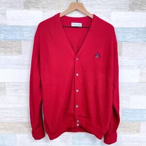 IZOD Vintage Grandpa Cardigan Sweater Red V Neck Button Up USA Made Mens Large